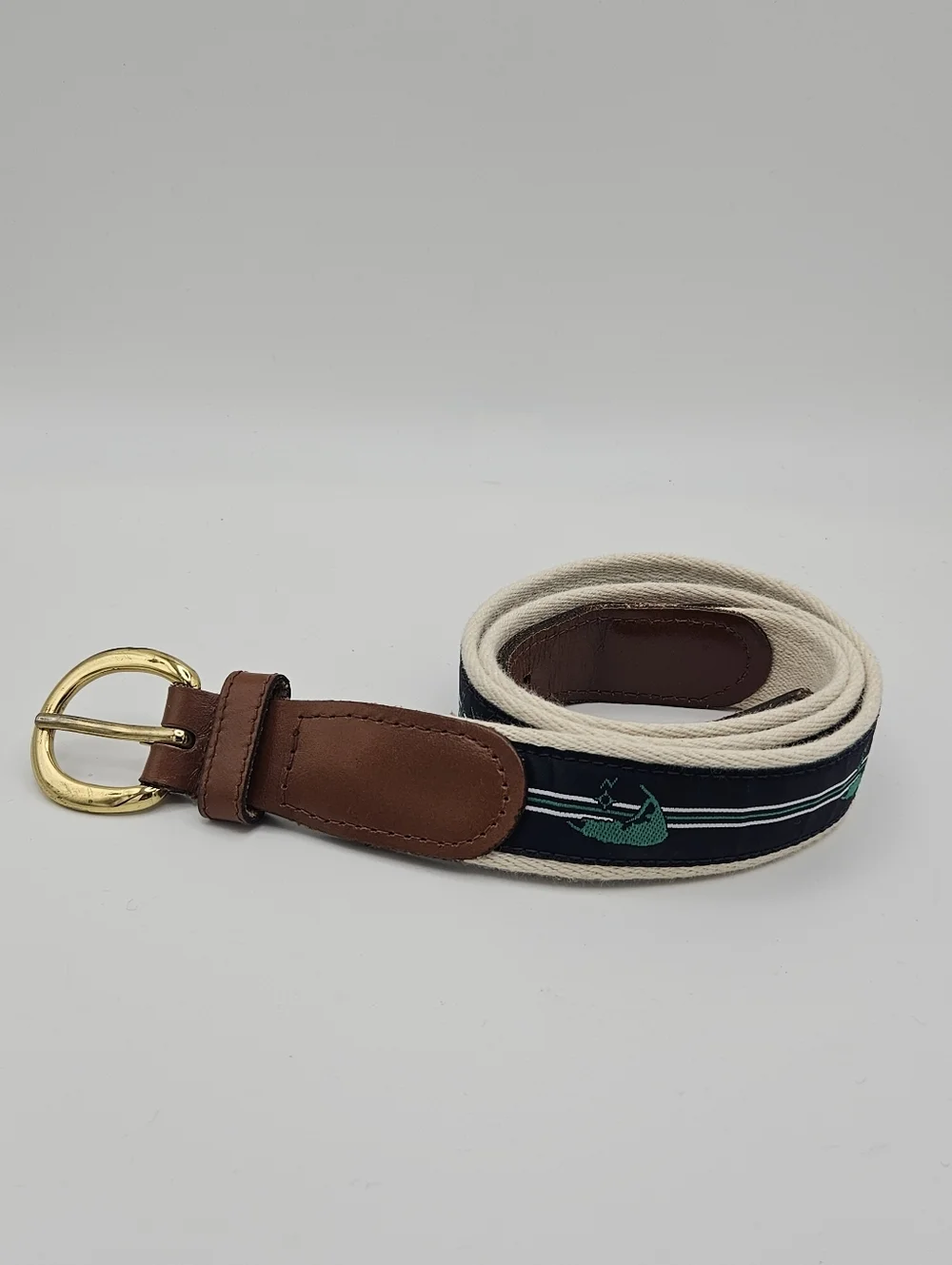 YRI Exeter ribbon belt white blue brown Cape Cod print